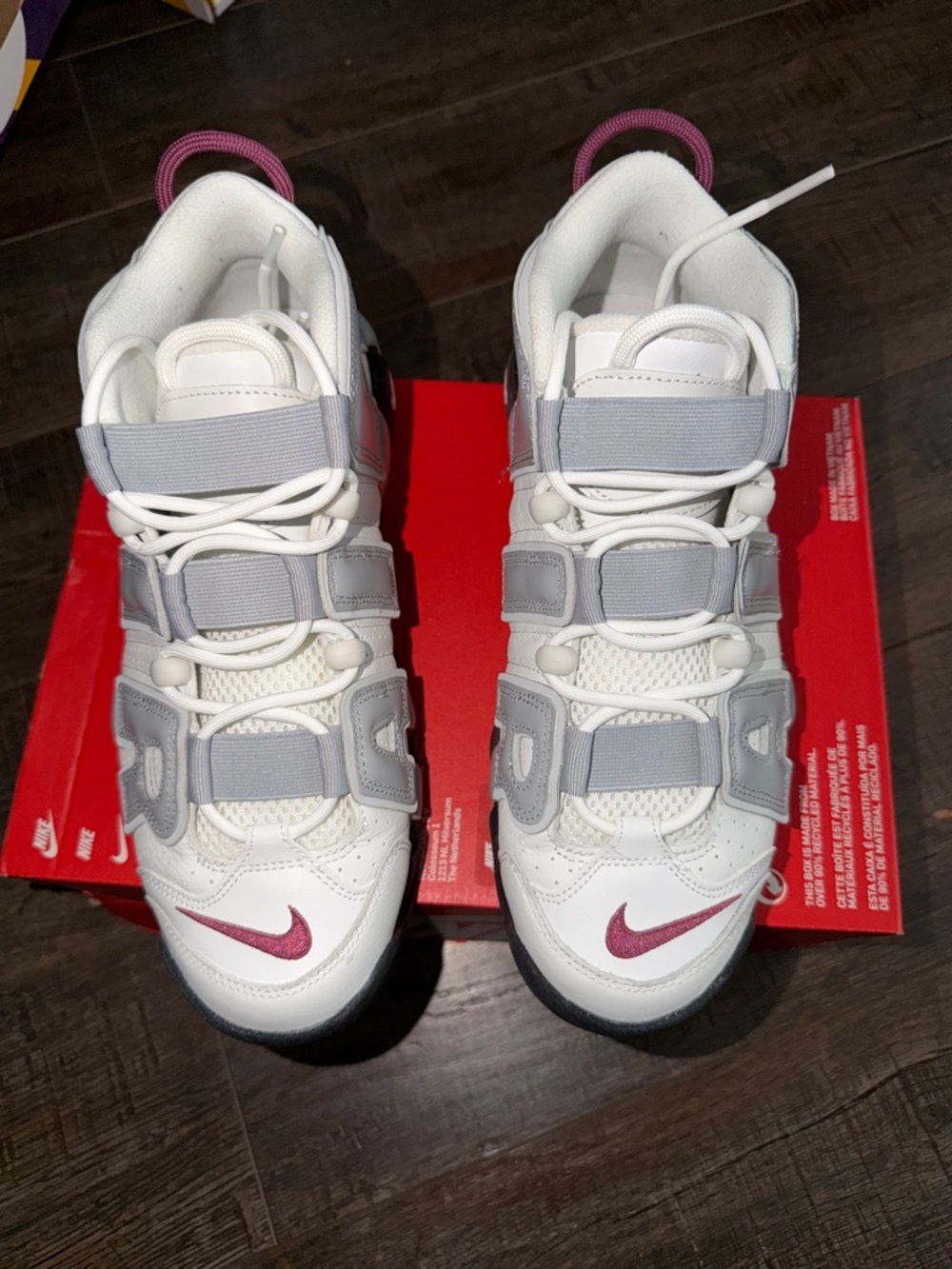 Nike White and Gray Athletic Sneakers with Berry Swoosh Accent